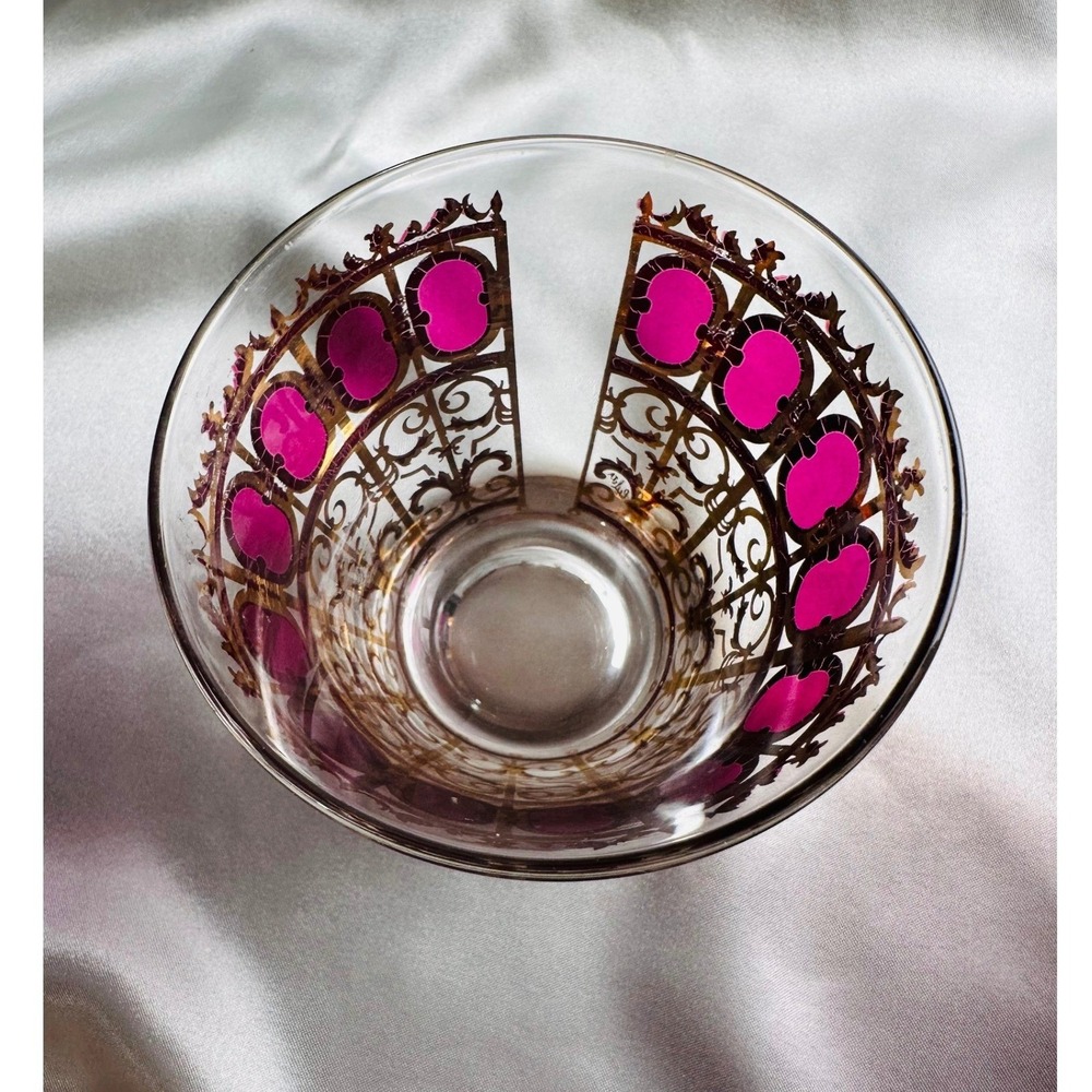 Culver Cranberry Scroll 22KT Gold Flared Rocks Whiskey Lowball Glasses 4 MCM - Picture 3 of 13
